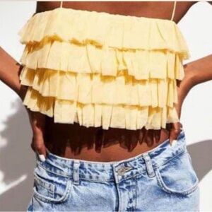 Zara yellow tulle ruffle tiered crop tube top with spaghetti straps XS